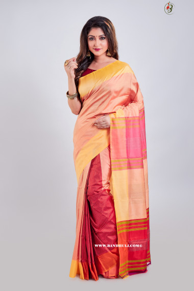 Peach & Brick red Color Patli Pallu Mulberry Silk Saree